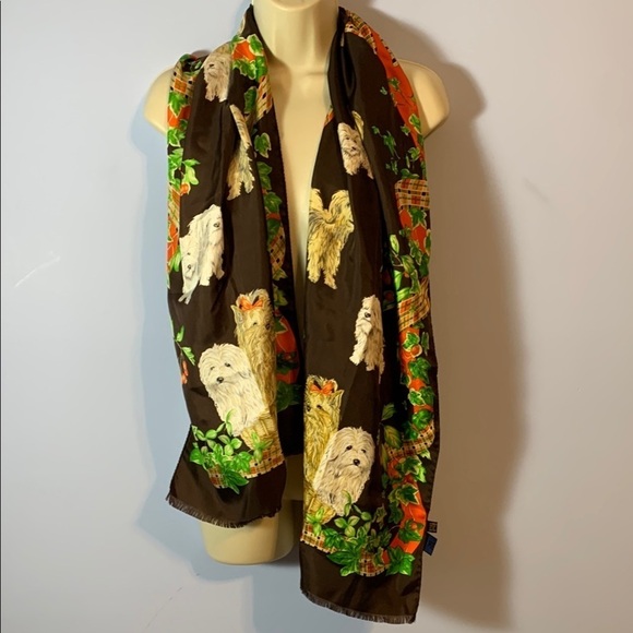ME Makeover Essentials Accessories - Yorkie Terrier Dog Print Silk Scarf brown ivy orange tartan silk Medici Italy